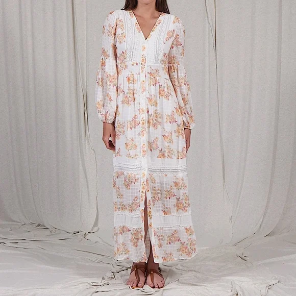 Lace and Floral Print Button Front Maxi - Picture 4 of 14